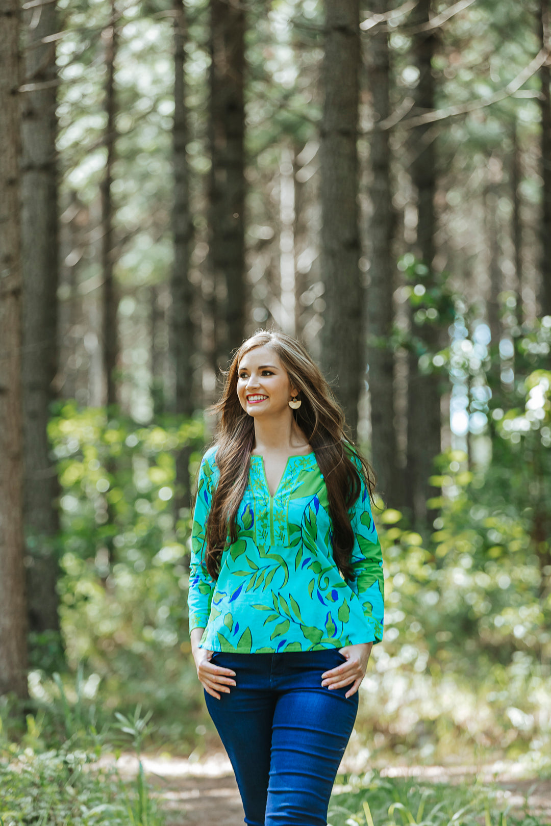 Landi Top Turquoise/Green Forest Florals