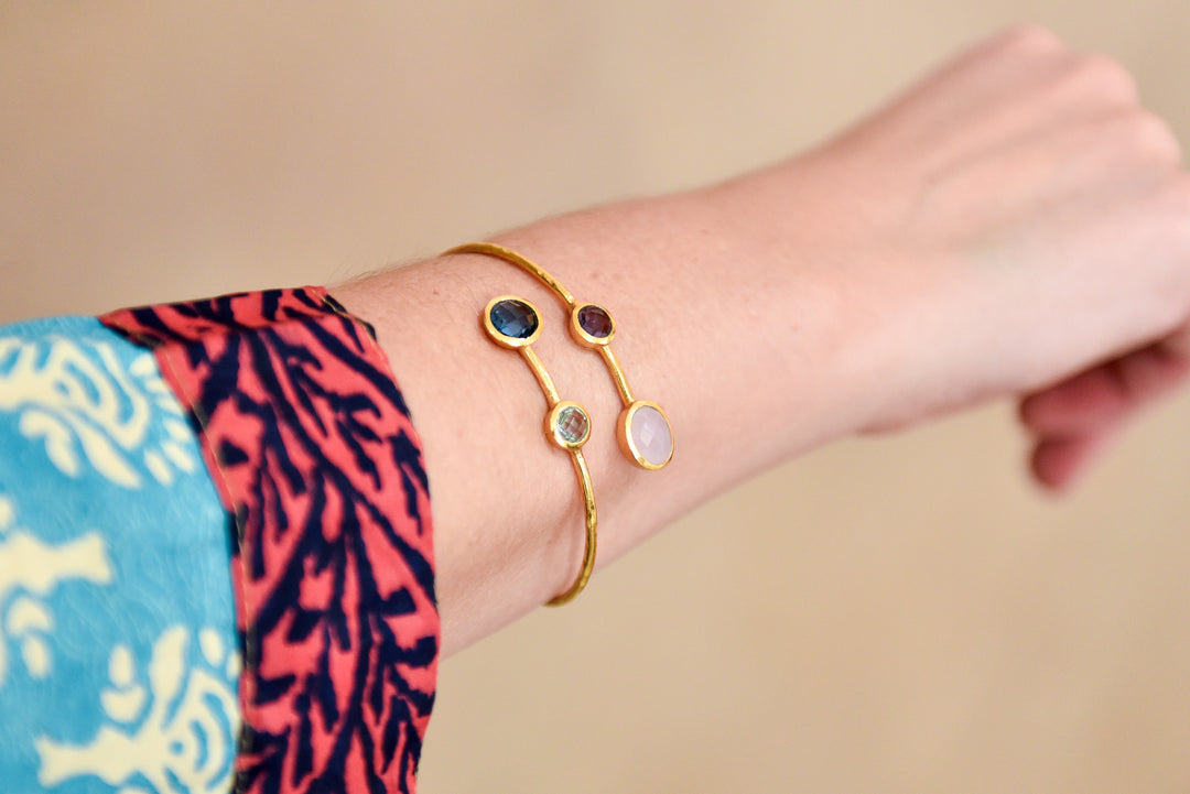 Gemma Cuff Bracelet - Amethyst, pink chalcedony & London blue topaz quartz