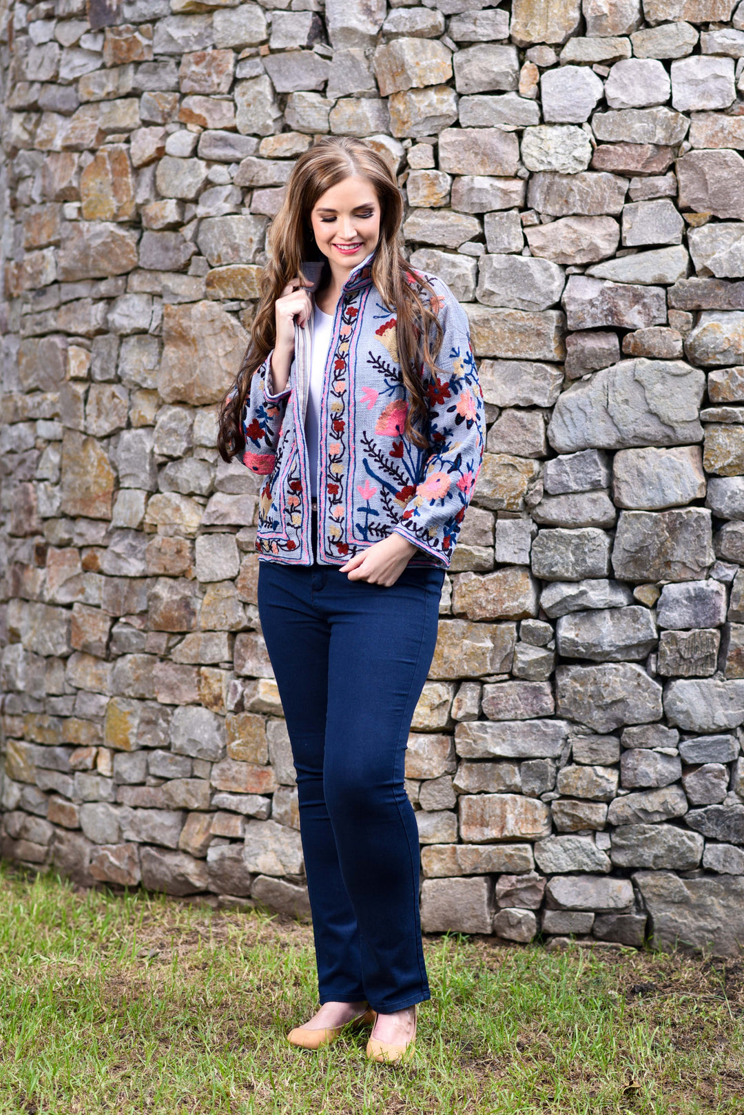 Powder-Blue / Grey Embroidered Suzani Winter Jacket