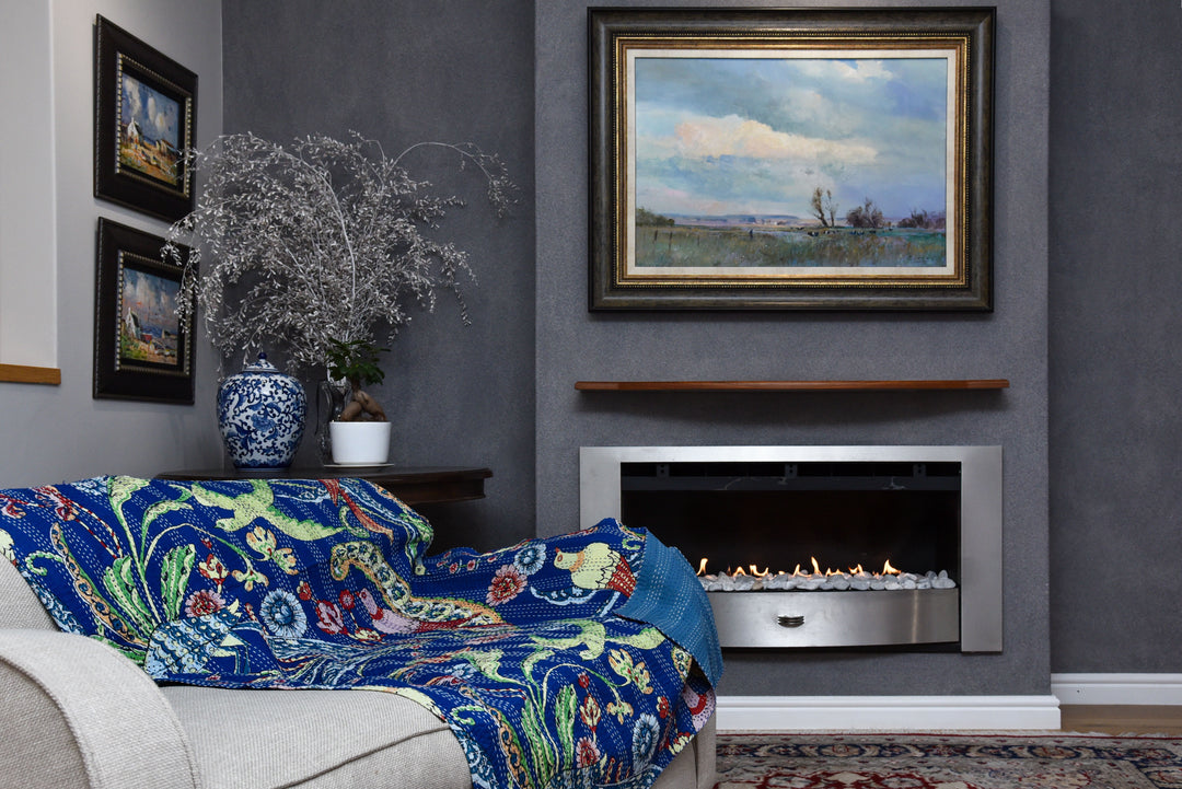 Kantha Throw - Royal Blue Birds - Royal Blue