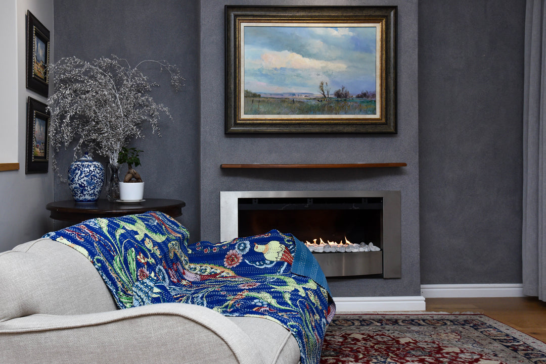 Kantha Throw - Royal Blue Birds - Royal Blue