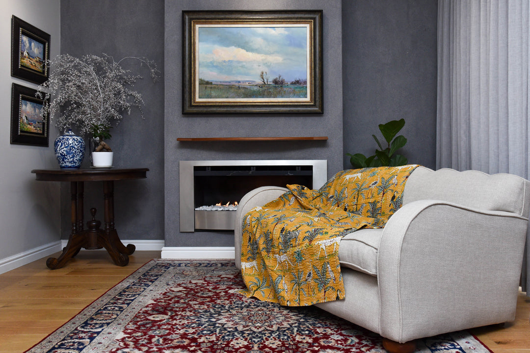 Kantha Throw - Jungle Love - Saffron Gold