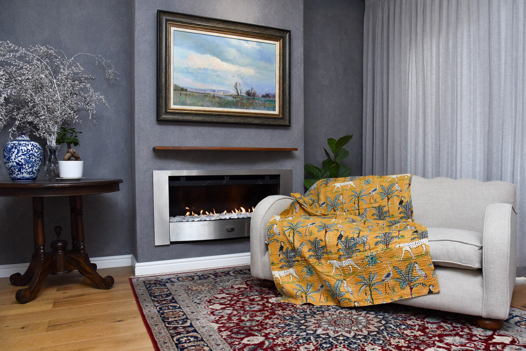 Kantha Throw - Jungle Love - Saffron Gold