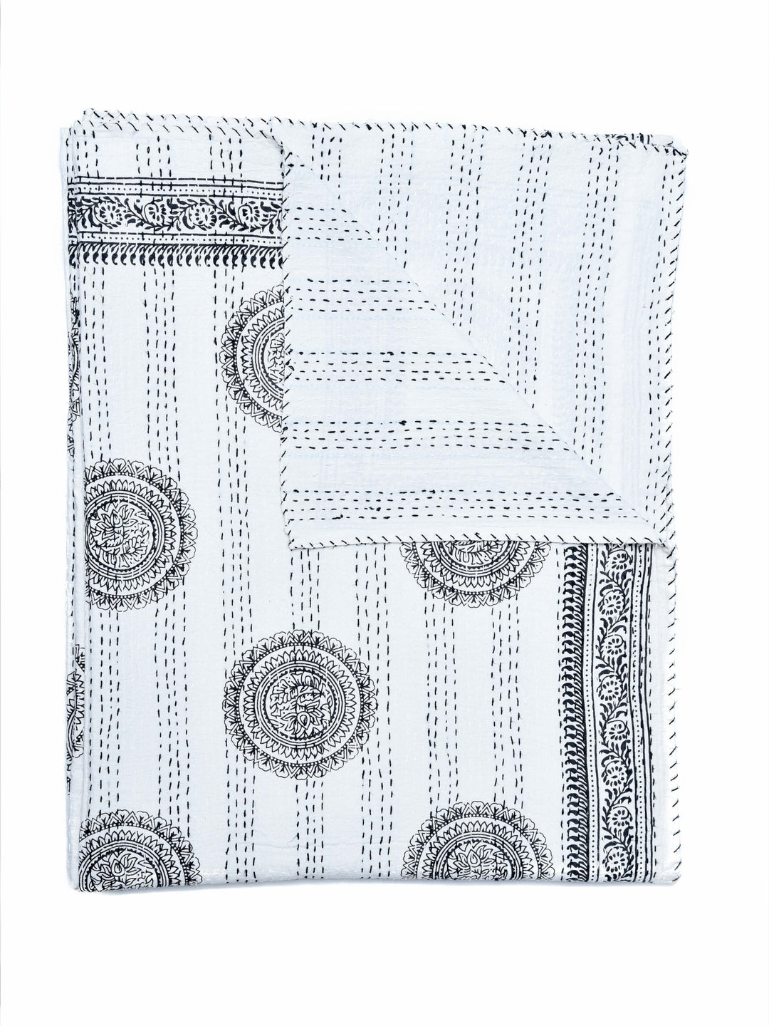 Kantha Throw – Circles Of Love - Black And White