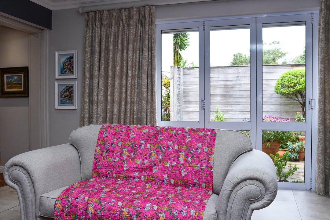 Kantha Throw - Cerise Bloom - Pink
