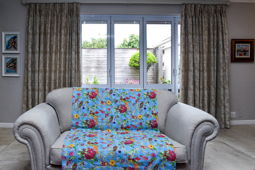 Kantha Throw - Sky Blue Garden Birds - Sky Blue
