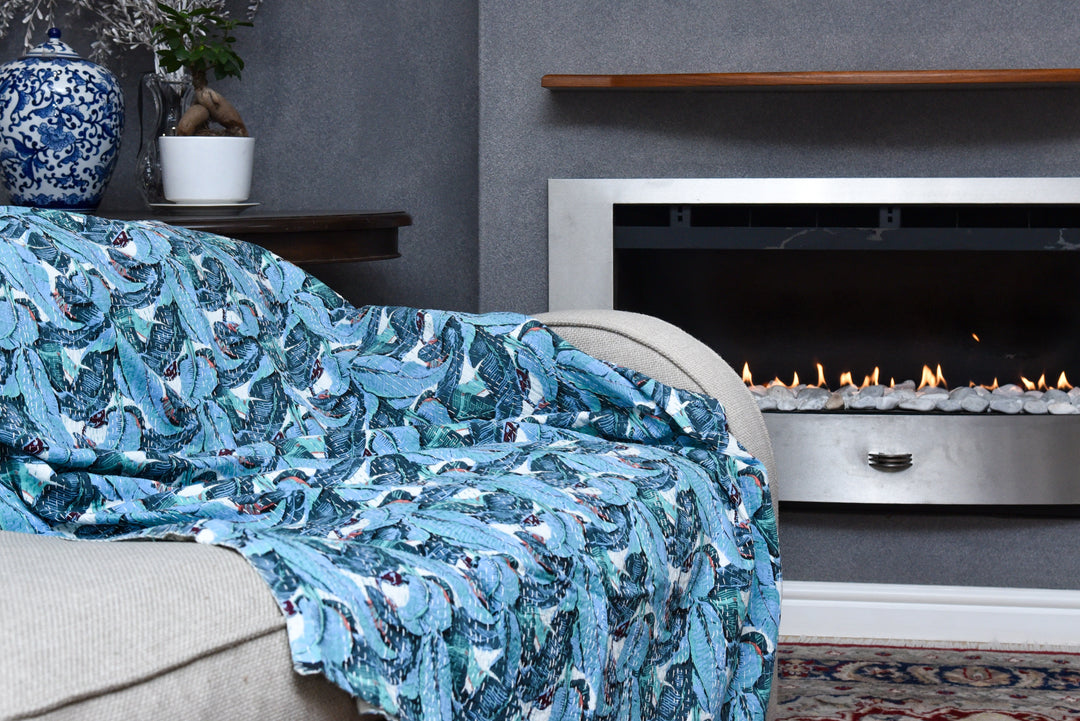 Kantha Throw – Banana Leaves - Shades Of Blue