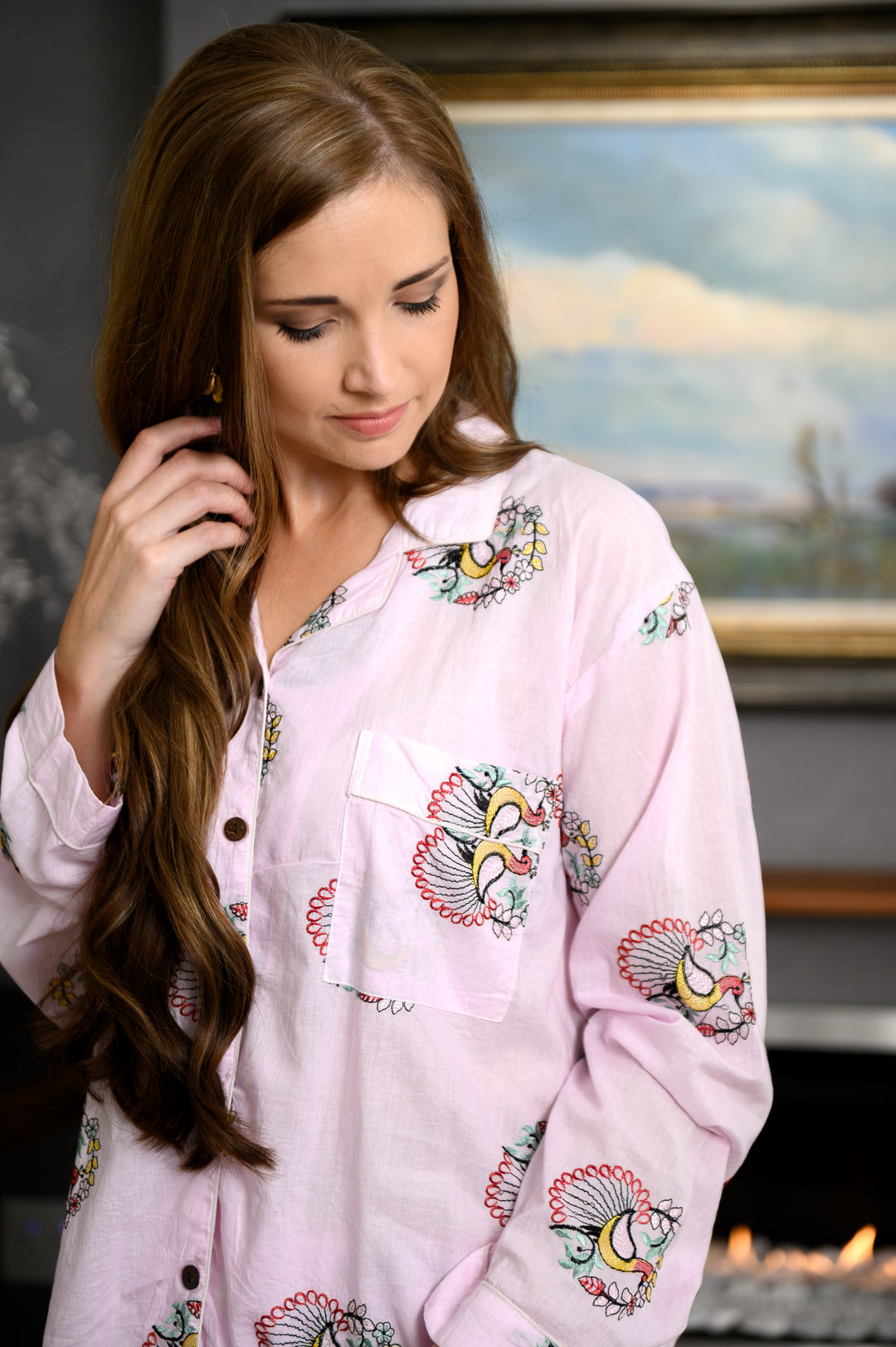Pink Embroidered Peacock PJ Set