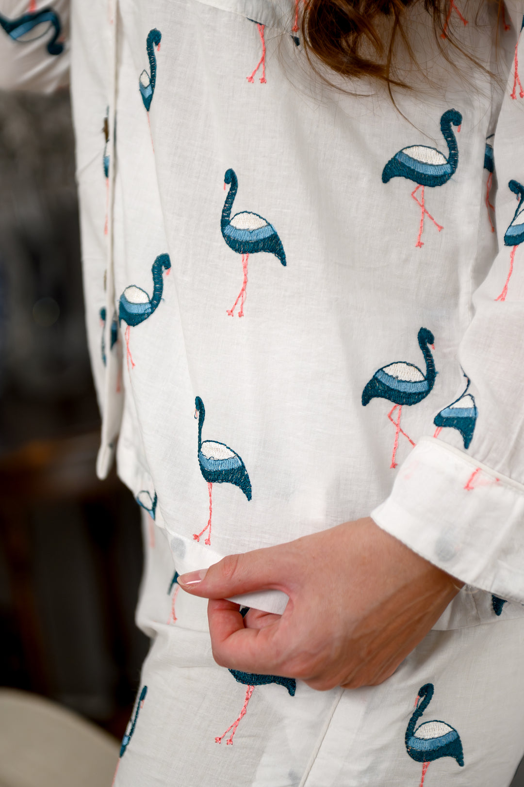 Blue Embroidered Flamingo PJ Set