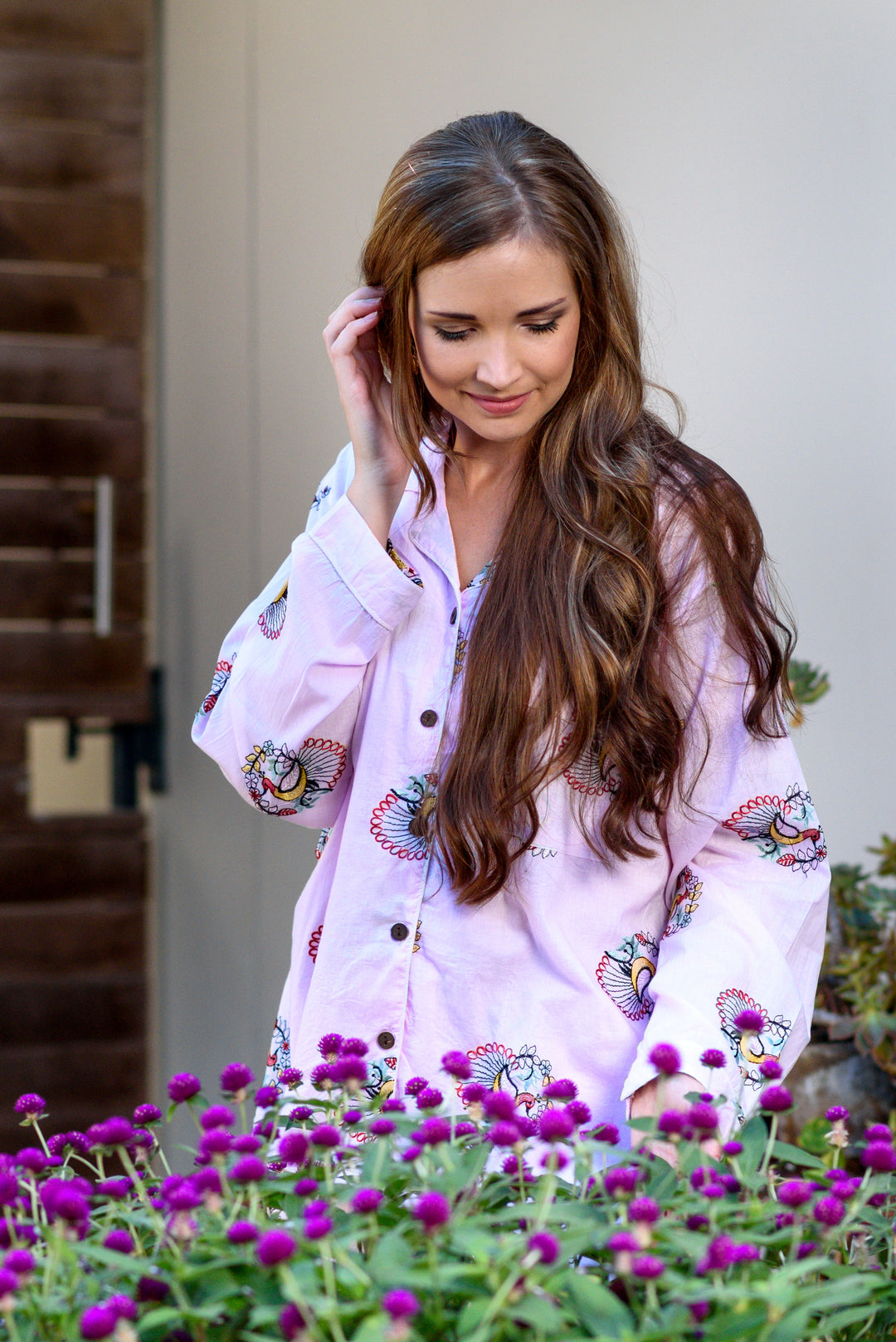 Pink Embroidered Peacock PJ Set