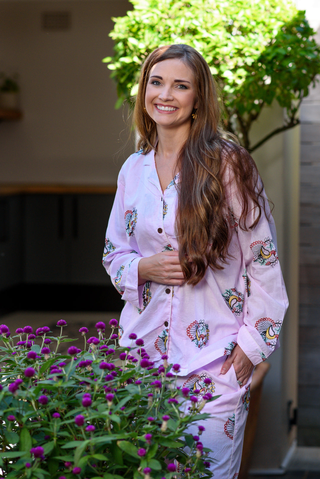 Pink Embroidered Peacock PJ Set