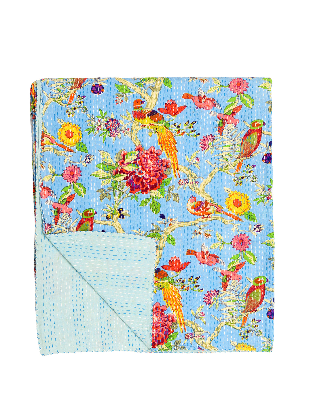 Kantha Throw - Sky Blue Garden Birds - Sky Blue