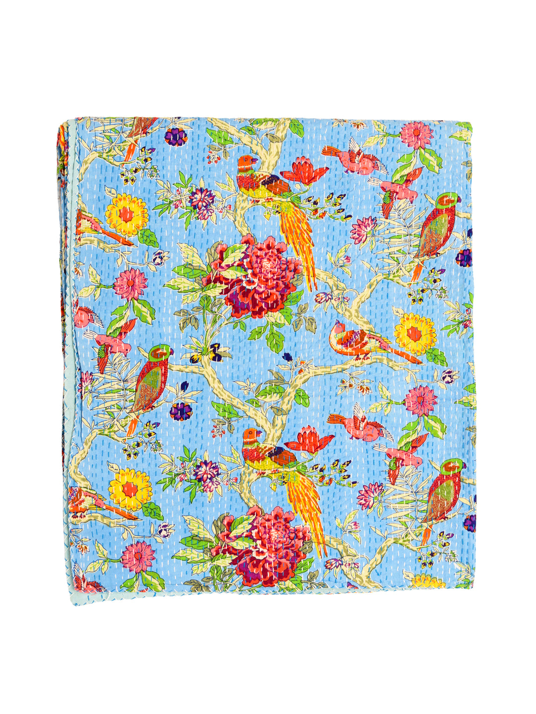 Kantha Throw - Sky Blue Garden Birds - Sky Blue